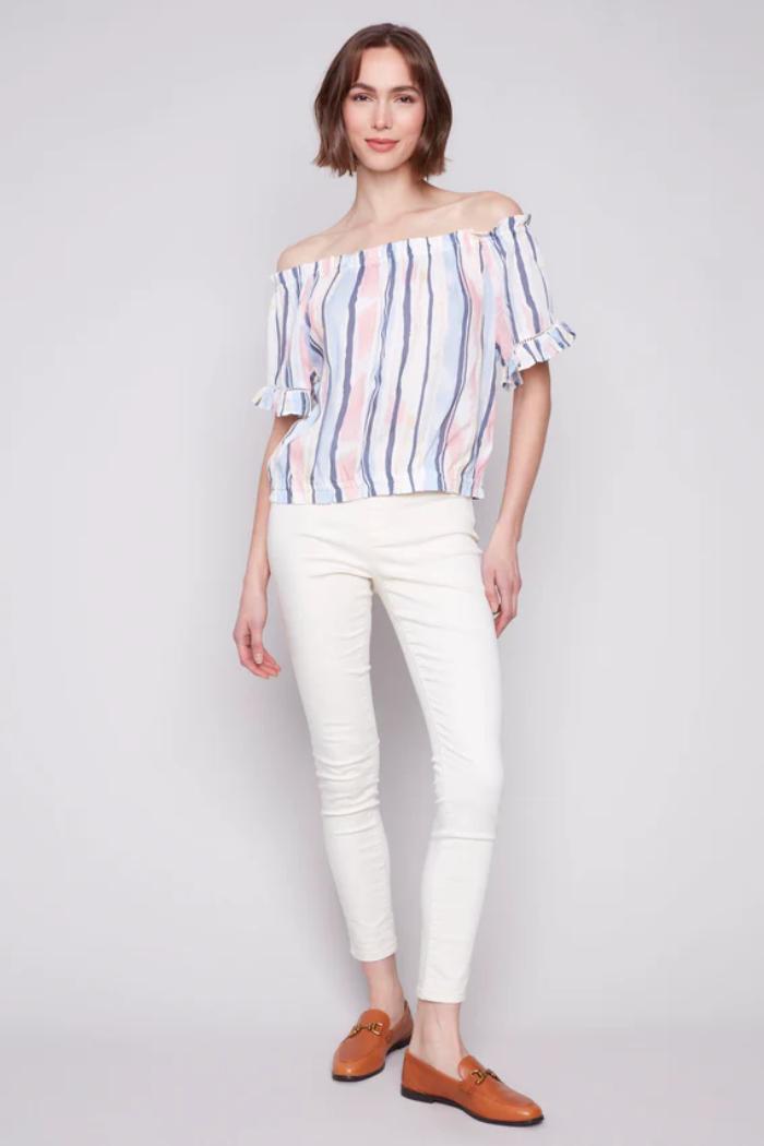 Printed Short Sleeve Peasant Blouse Product Image