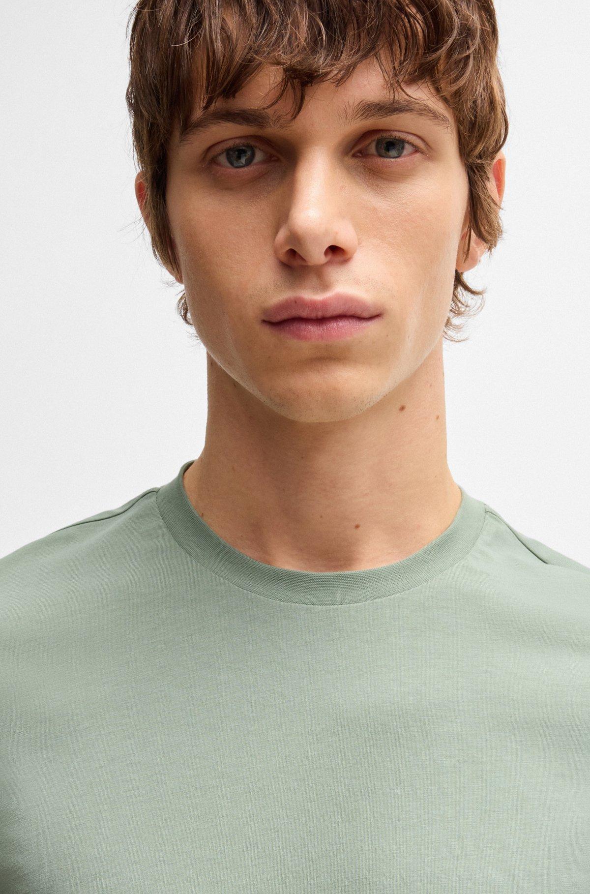 BOSS - Cotton-jersey T-shirt with signature-stripe cuffs - Light Green Product Image