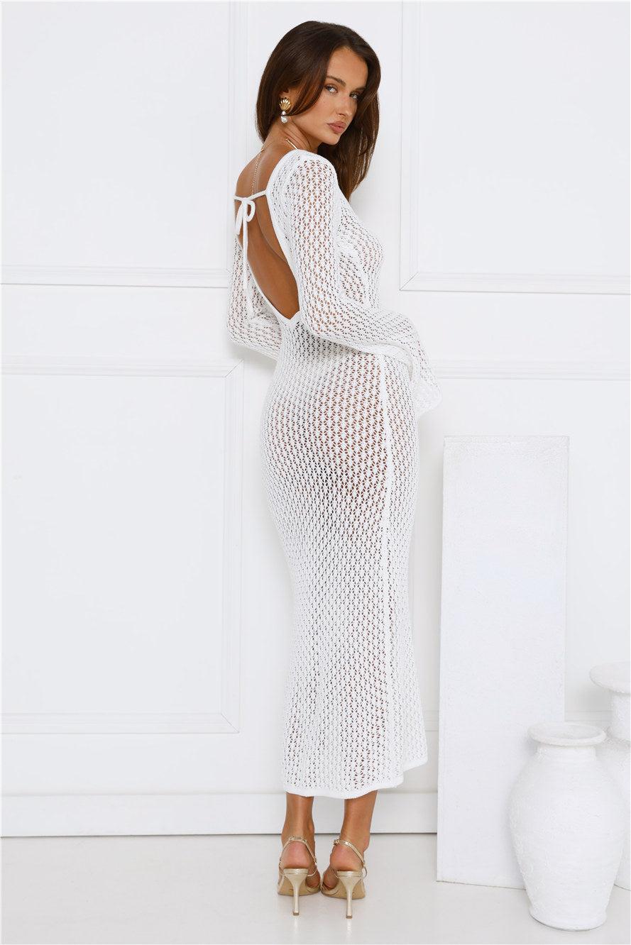Sailing Into Sunset Knit Long Sleeve Maxi Dress White Product Image