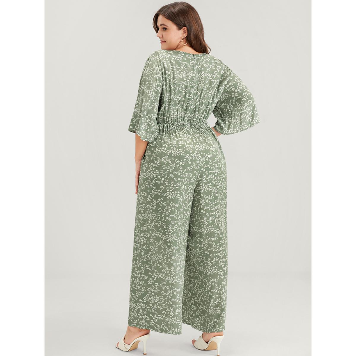 Plus Size LightGreen Ditsy Floral Pocket Elastic Waist Flutter Sleeve Wrap Jumpsuit Women Elegant Half Sleeve V-neck Dailywear Loose Jumpsuits BloomChic 10/M Product Image