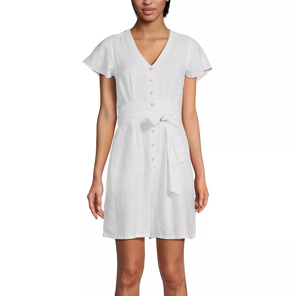 Women's Lands' End Linen V-Neck Flutter Sleeve Button Front Tie Waist Romper, Size: 16, White Product Image
