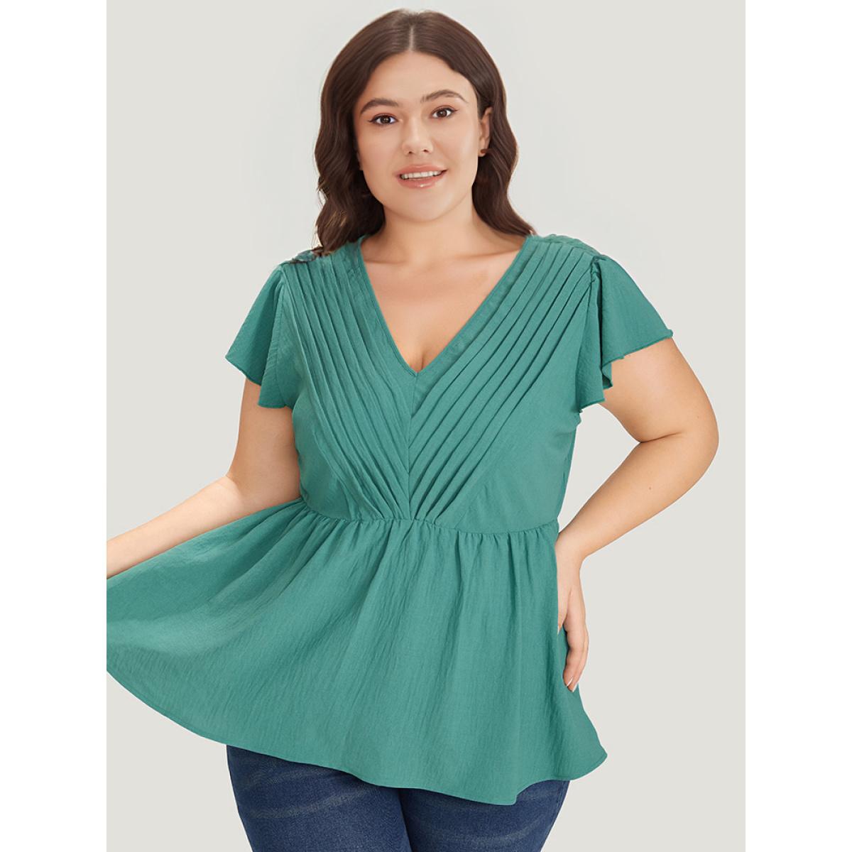 Plus Size Mint Solid Pleated Flutter Cap Sleeve Blouse Women Elegant Cap Sleeve V-neck Dailywear Blouses BloomChic 22-24/3X Product Image