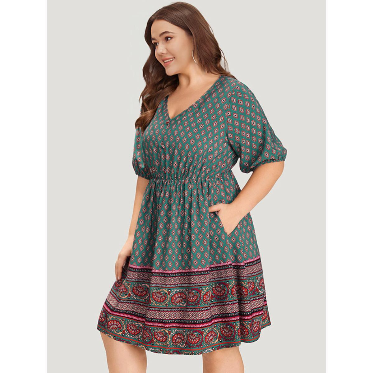 Plus Size Boho Print V Neck Pocket Lantern Sleeve Dress Teal Women Vacation Patchwork V-neck Half Sleeve Curvy Knee Dress BloomChic 30/6X Product Image