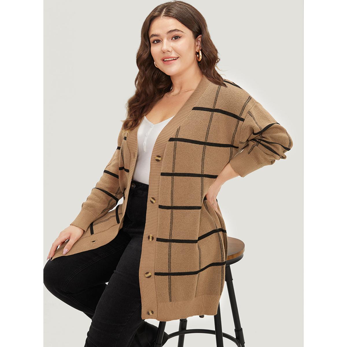 Plus Size Plaid Striped Button Through Cardigan Tan Women Casual Loose Long Sleeve Everyday Cardigans BloomChic 22-24/3X Product Image
