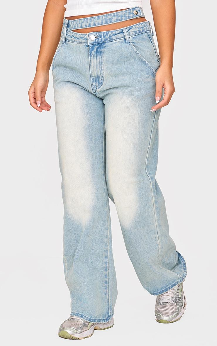 Petite Vintage Bleach Wash Denim Double Waistband Wide Leg Jeans Product Image