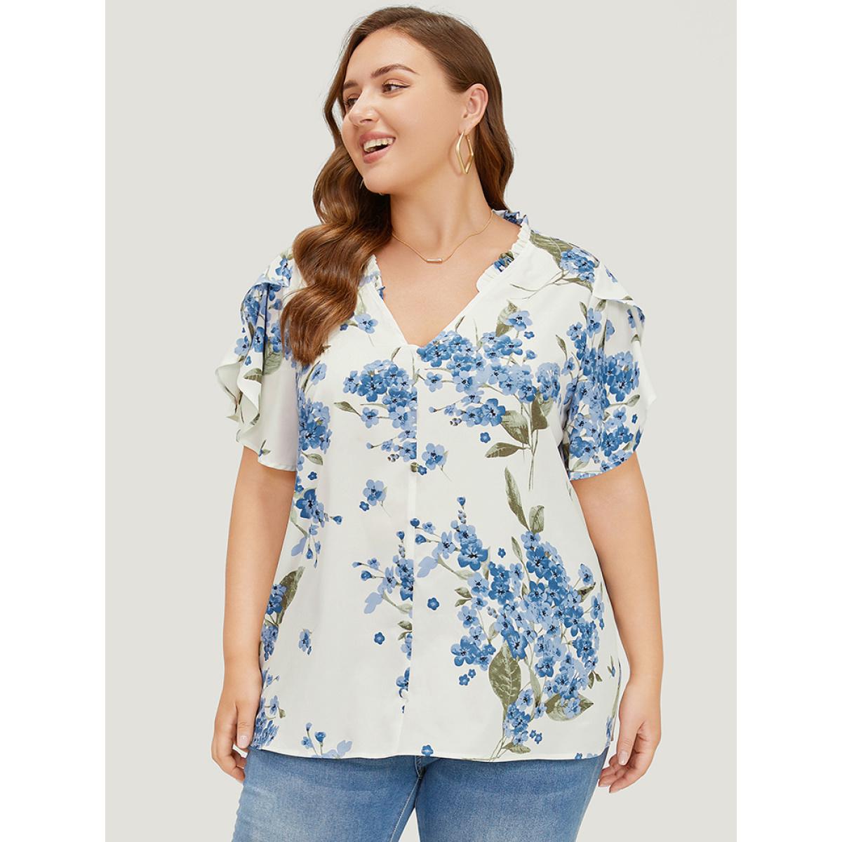 Plus Size White Floral Frill Trim Petal Sleeve Blouse Women Elegant Short sleeve V-neck Dailywear Blouses BloomChic 18-20/2X Product Image