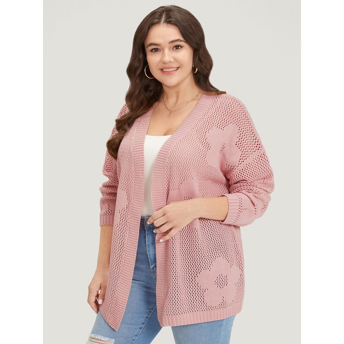 Plus Size Floral Graphic Eyelet Open Front Cardigan Pink Women Casual Loose Long Sleeve Dailywear Cardigans BloomChic 28/5X Product Image
