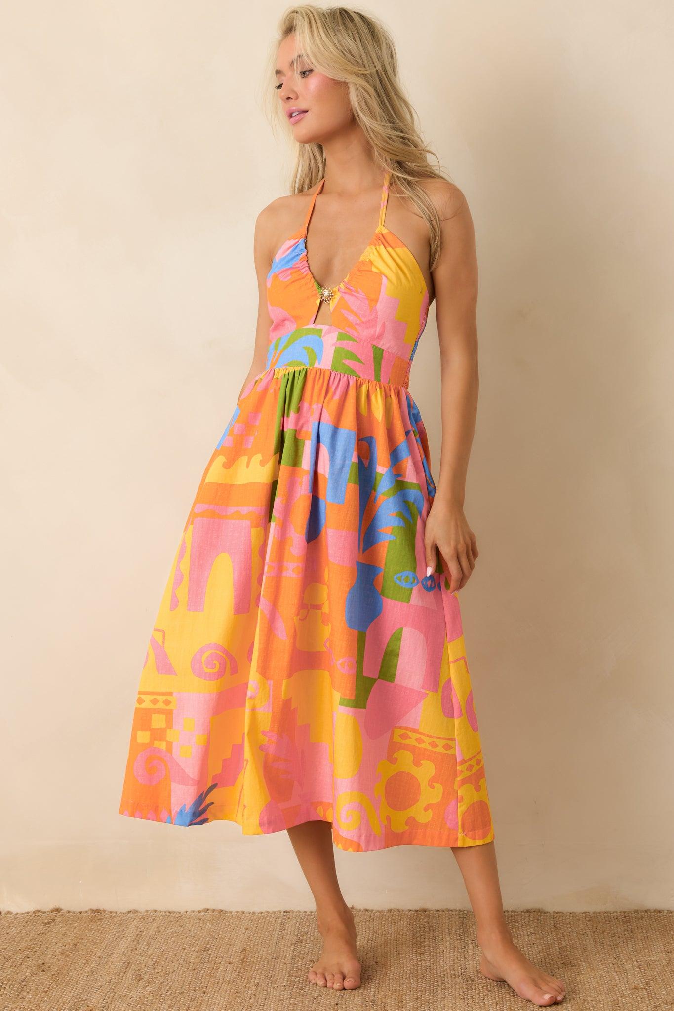 Paradisa Maldives Orange Multi Cotton Abstract Print Midi Dress Product Image