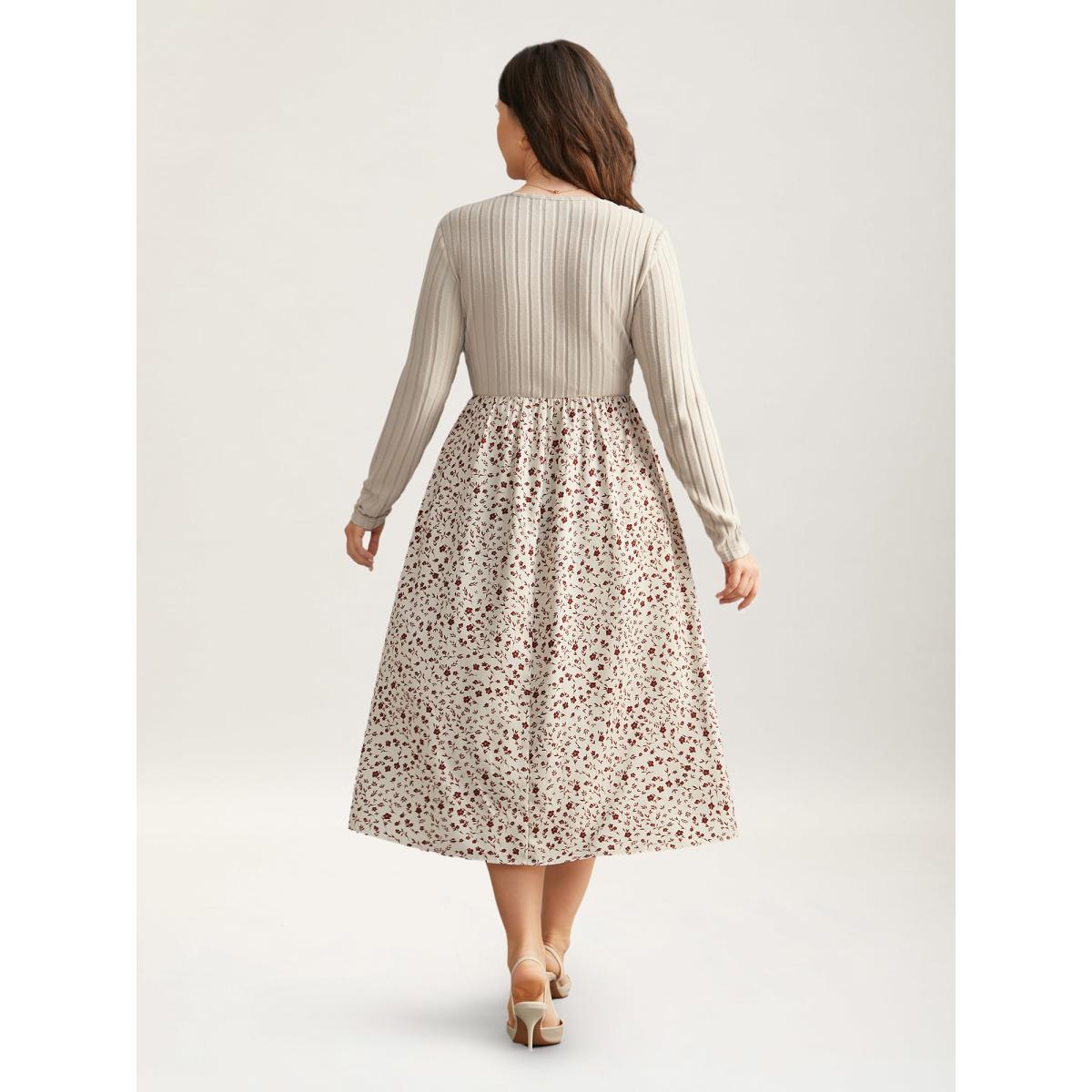 Plus Size Ditsy Floral Patchwork Texture Midi Dress Apricot Women Timeless Texture V-neck Long Sleeve Curvy BloomChic 12/L Product Image