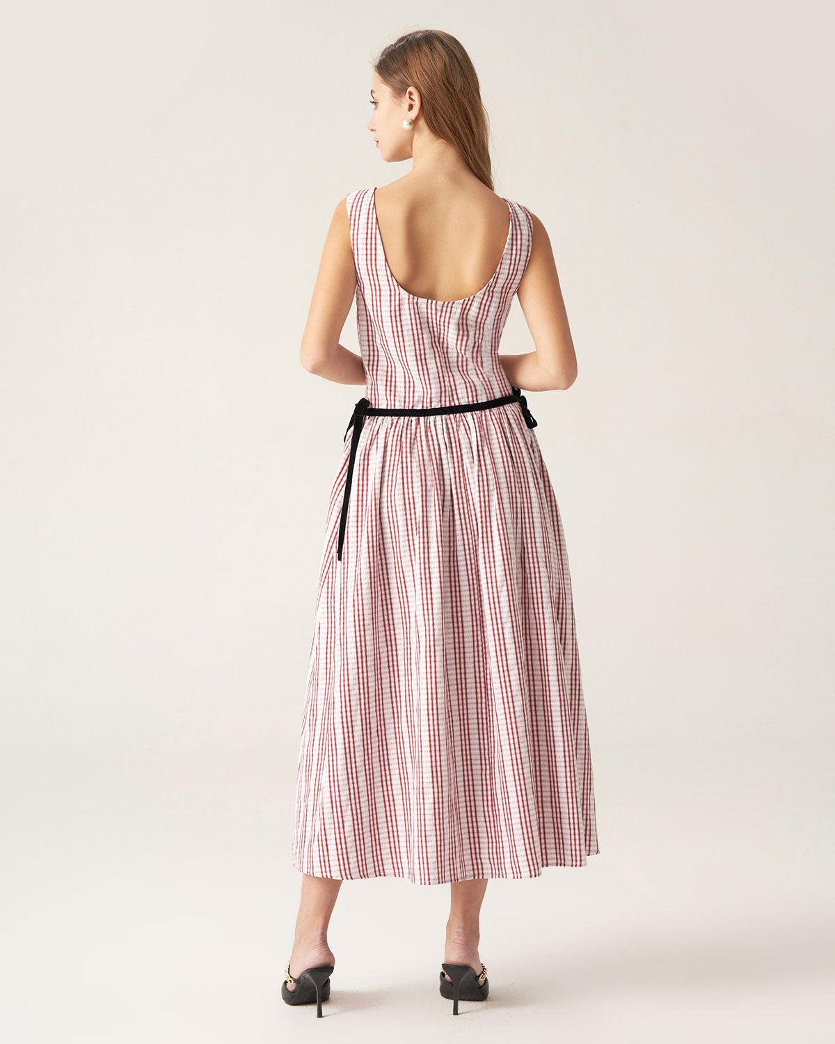 Red Plaid Boat Neck Midi Dress Product Image