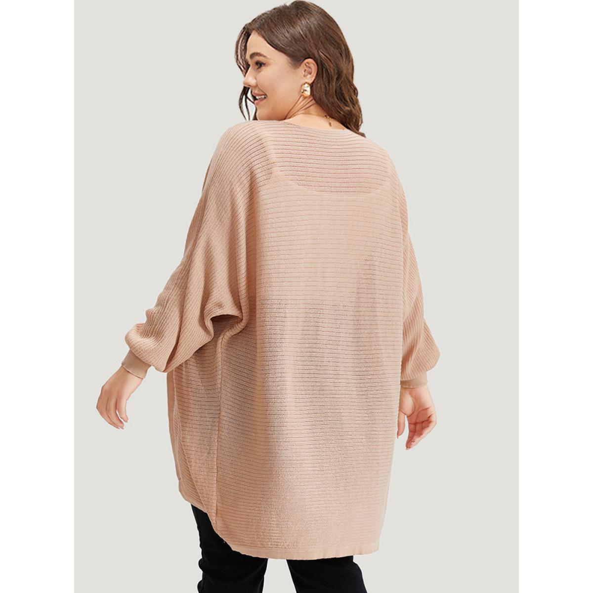 Plus Size Plain Textured Curved Hem Cardigan Champagne Women Casual Loose Long Sleeve Everyday Cardigans BloomChic 10/M Product Image