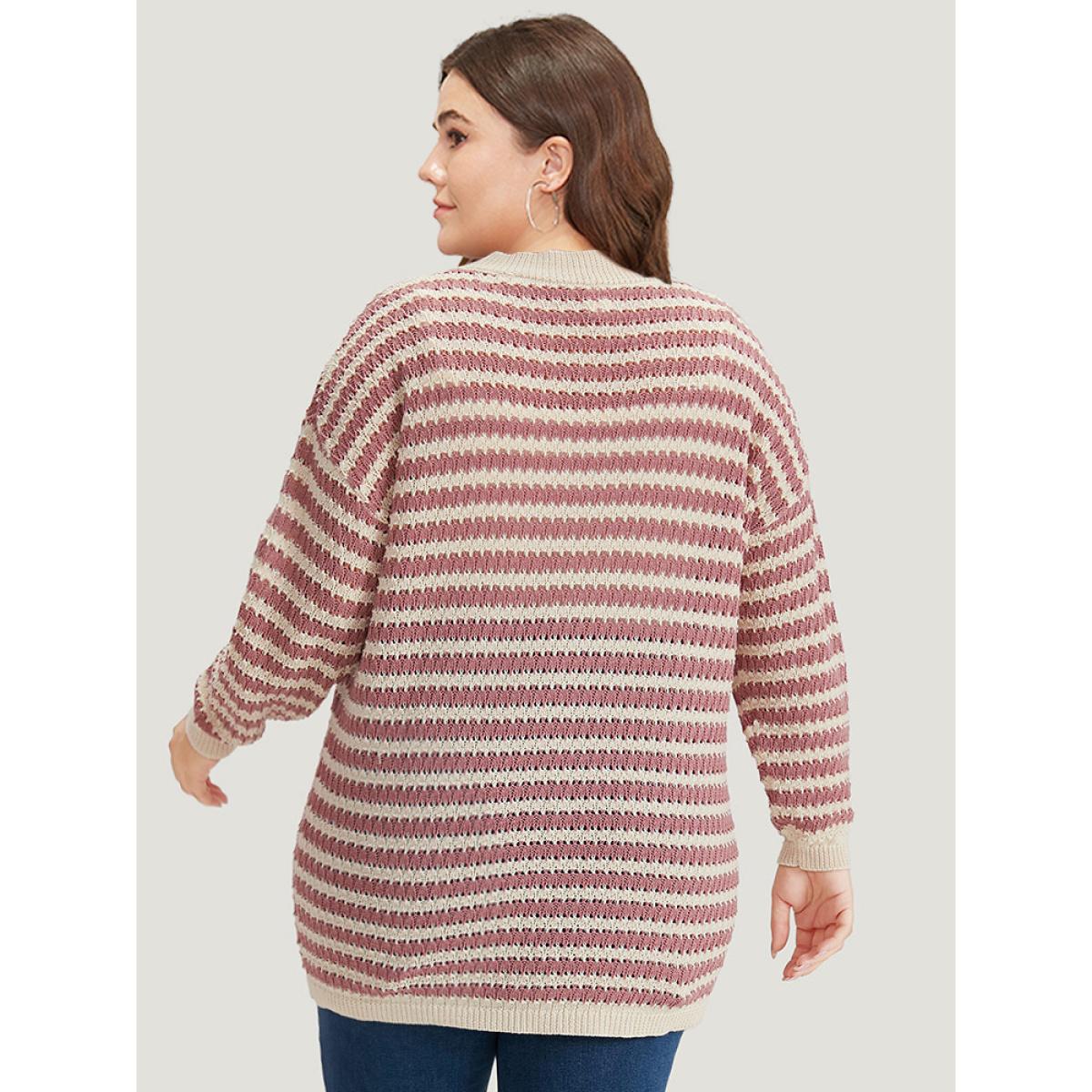 Plus Size Striped Button Through Cut Out Cardigan DustyPink Women Casual Loose Long Sleeve Dailywear Cardigans BloomChic 14-16/1X Product Image
