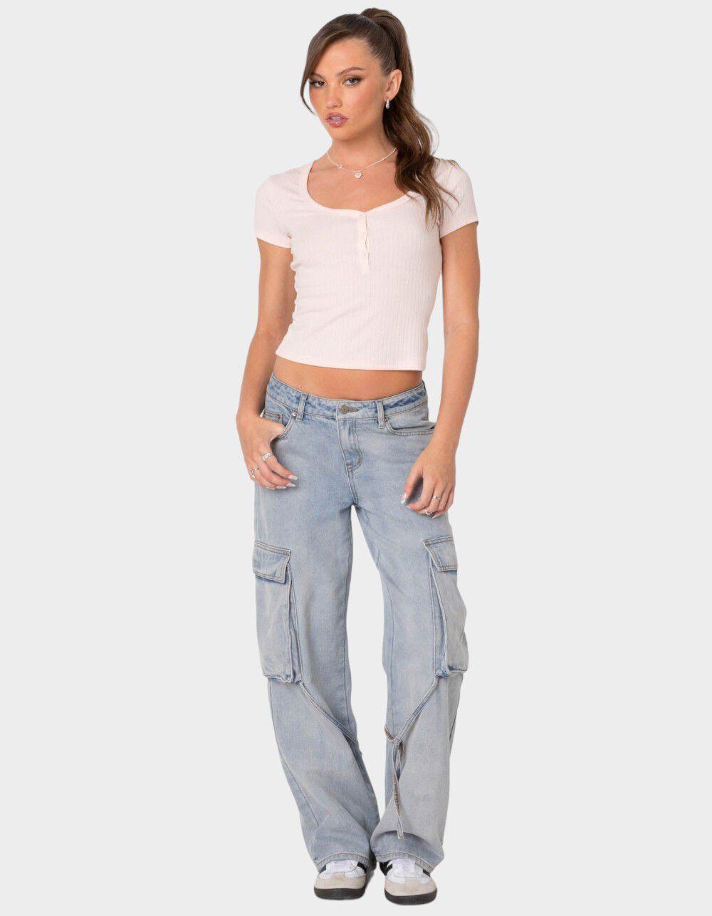 EDIKTED Pointelle Henley Tee - LIGHT PINK Product Image