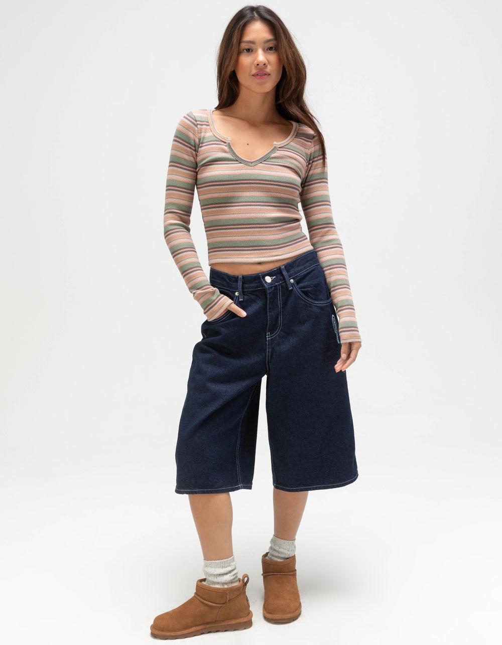 FULL TILT Notch Neck Stripe Womens Long Sleeve Rib Top - OLIVE Product Image