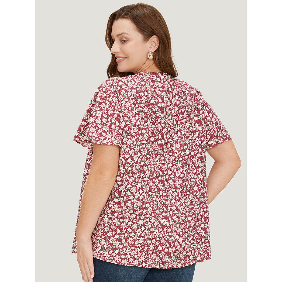 Plus Size RedViolet Ditsy Floral Lace Gathered Tie Neck Blouse Women Elegant Short sleeve Tie Neck Dailywear Blouses BloomChic 10/M Product Image