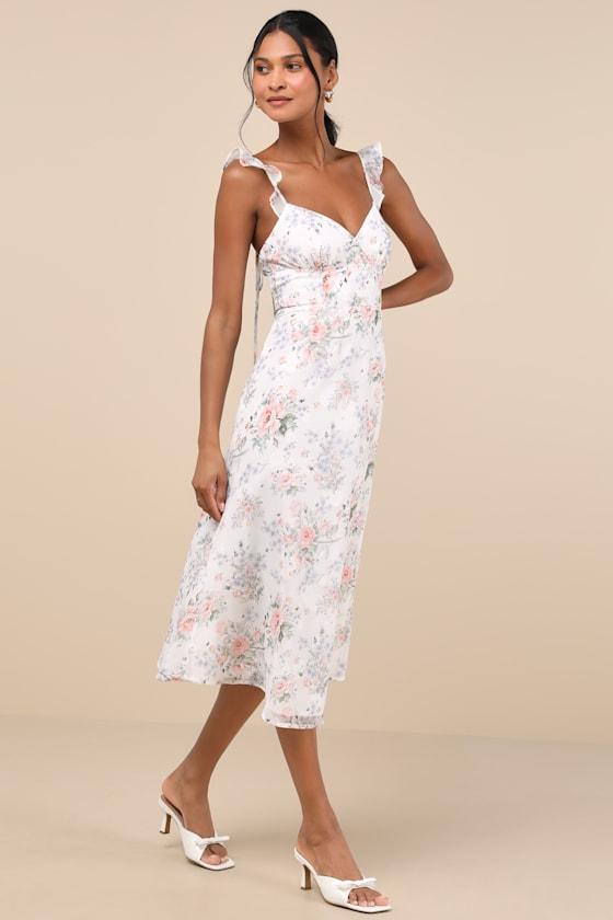 Delightful Direction White Floral Ruffled Tie-Strap Midi Dress Product Image