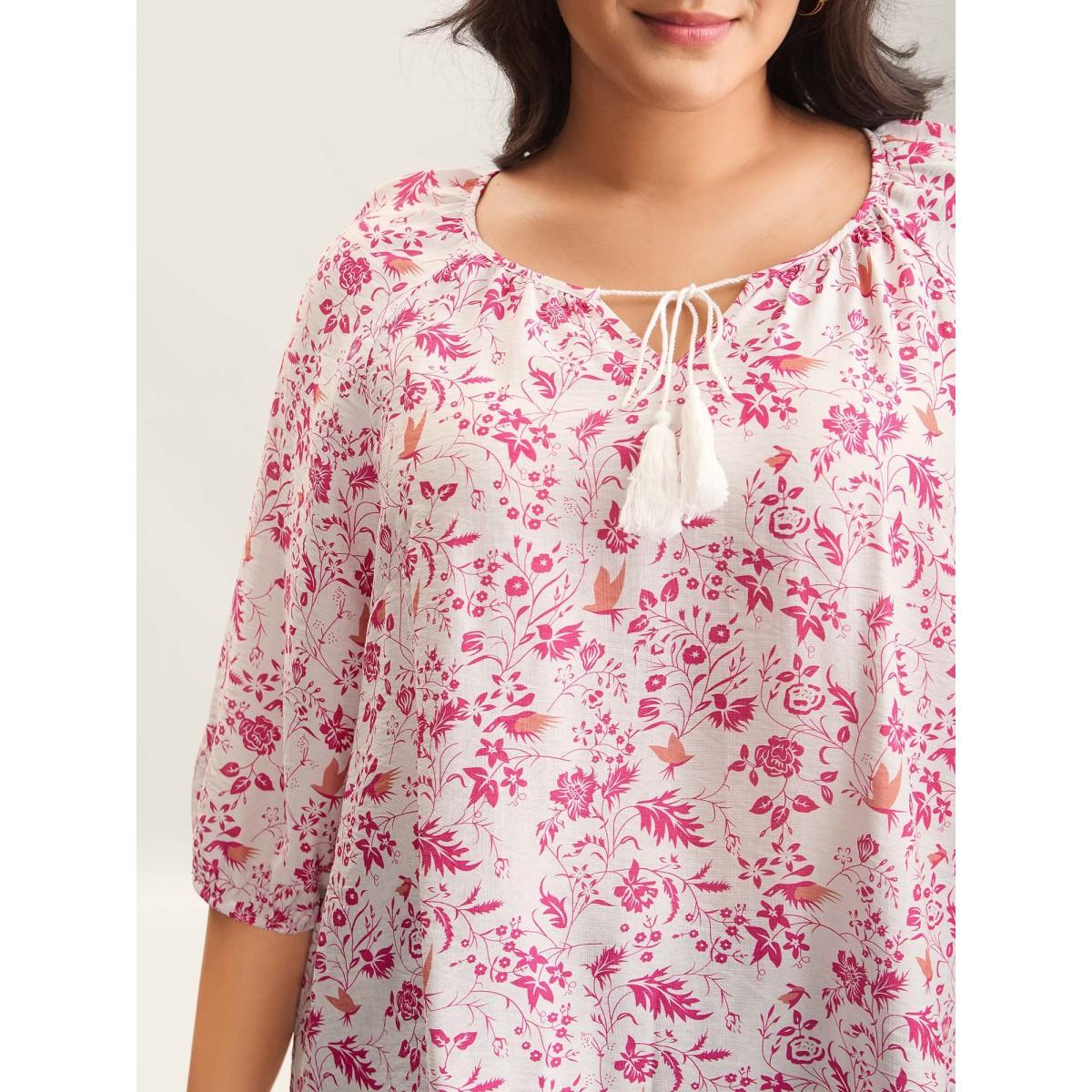 Plus Size Originalwhite Silhouette Floral Print Neck Tassels Blouse Women Timeless Elbow-length sleeve Notched collar Elegant Blouses BloomChic 10/M Product Image