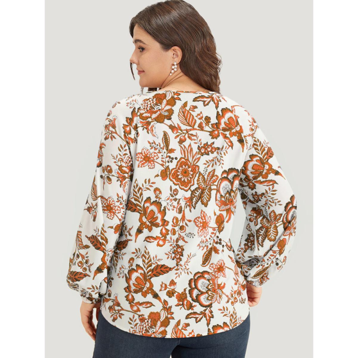 Plus Size Chocolate Boho Print Knot Neck Lantern Sleeve Blouse Women Vacation Long Sleeve Tie Neck Dailywear Blouses BloomChic 18-20/2X Product Image