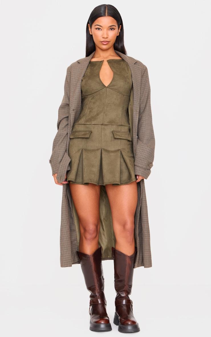 Khaki Faux Suede Pleated Pocket Detail Shift Dress Product Image