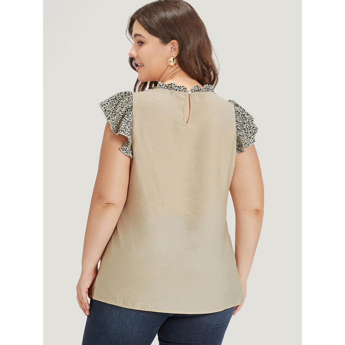 Plus Size Apricot Leopard Patchwork Halter Frill Trim Flutter Sleeve Blouse Women Elegant Cap Sleeve Halter neck Dailywear Blouses BloomChic 14-16/1X Product Image