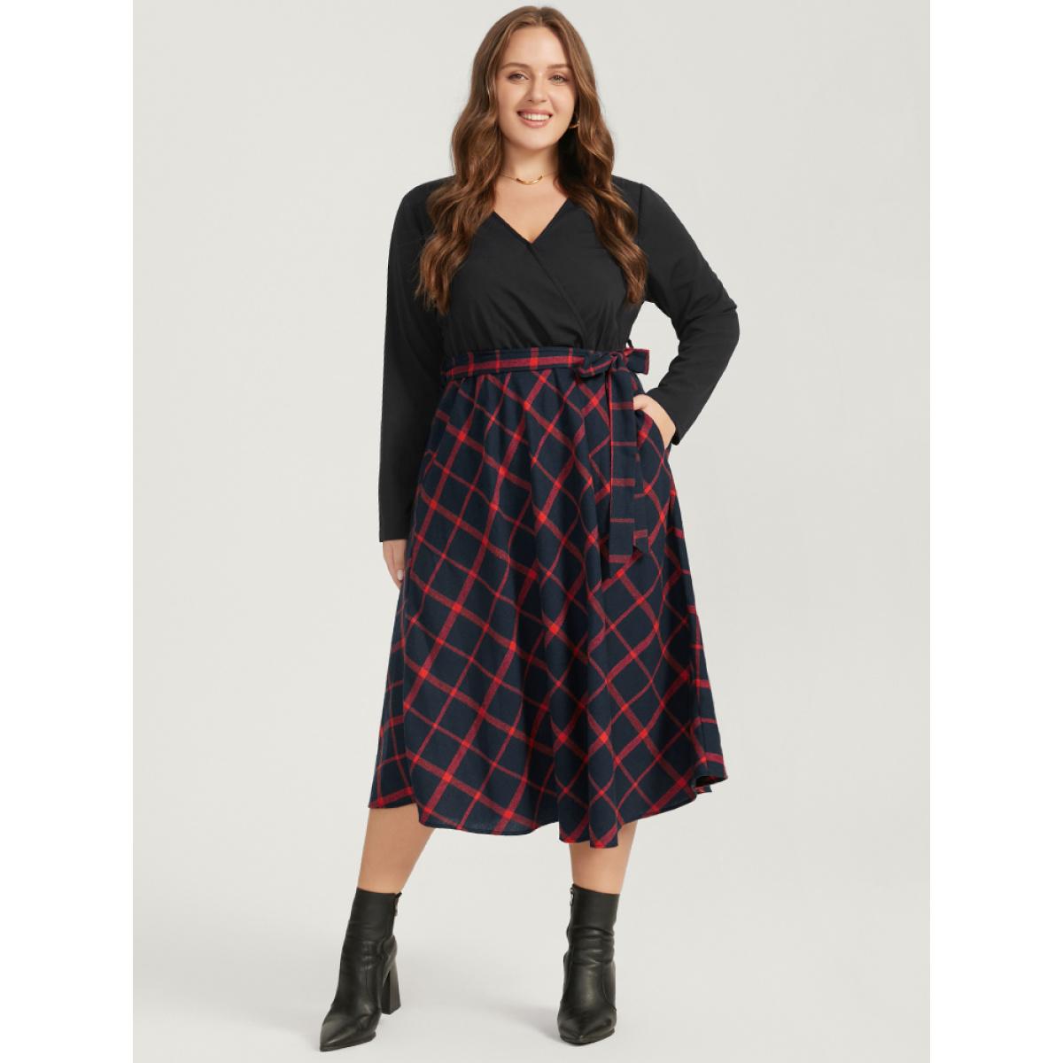 Plus Size Plaid Patchwork Pocket Belted Surplice Neck Dress Scarlet Women Elegant Belted V-neck Long Sleeve Curvy Midi Dress BloomChic 22-24/3X Product Image