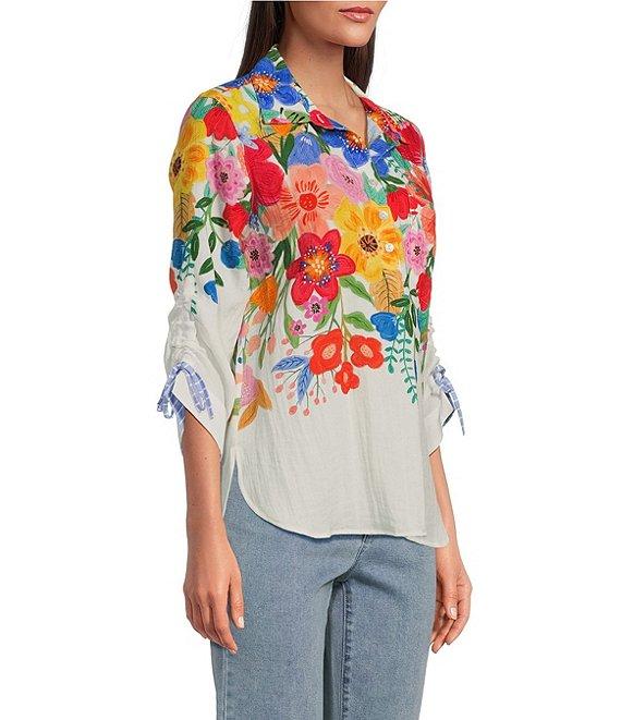 John Mark Petite Size Floral Point Collar 3/4 Cinched Tie Sleeve Top Product Image