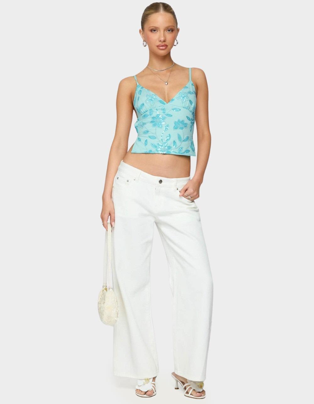 EDIKTED Pia Sequin Floral Backless Top - BLUE Product Image