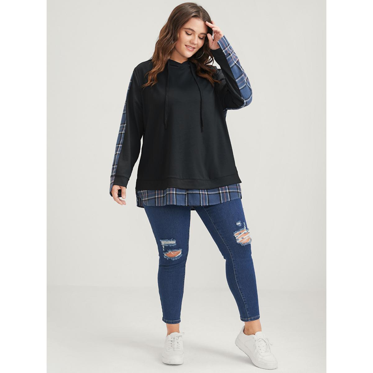 Plus Size Plaid Contrast Asymmetrical Drawstring Hooded Sweatshirt Women Black Casual Contrast Loose Hooded Dailywear Sweatshirts BloomChic 30/6X Product Image