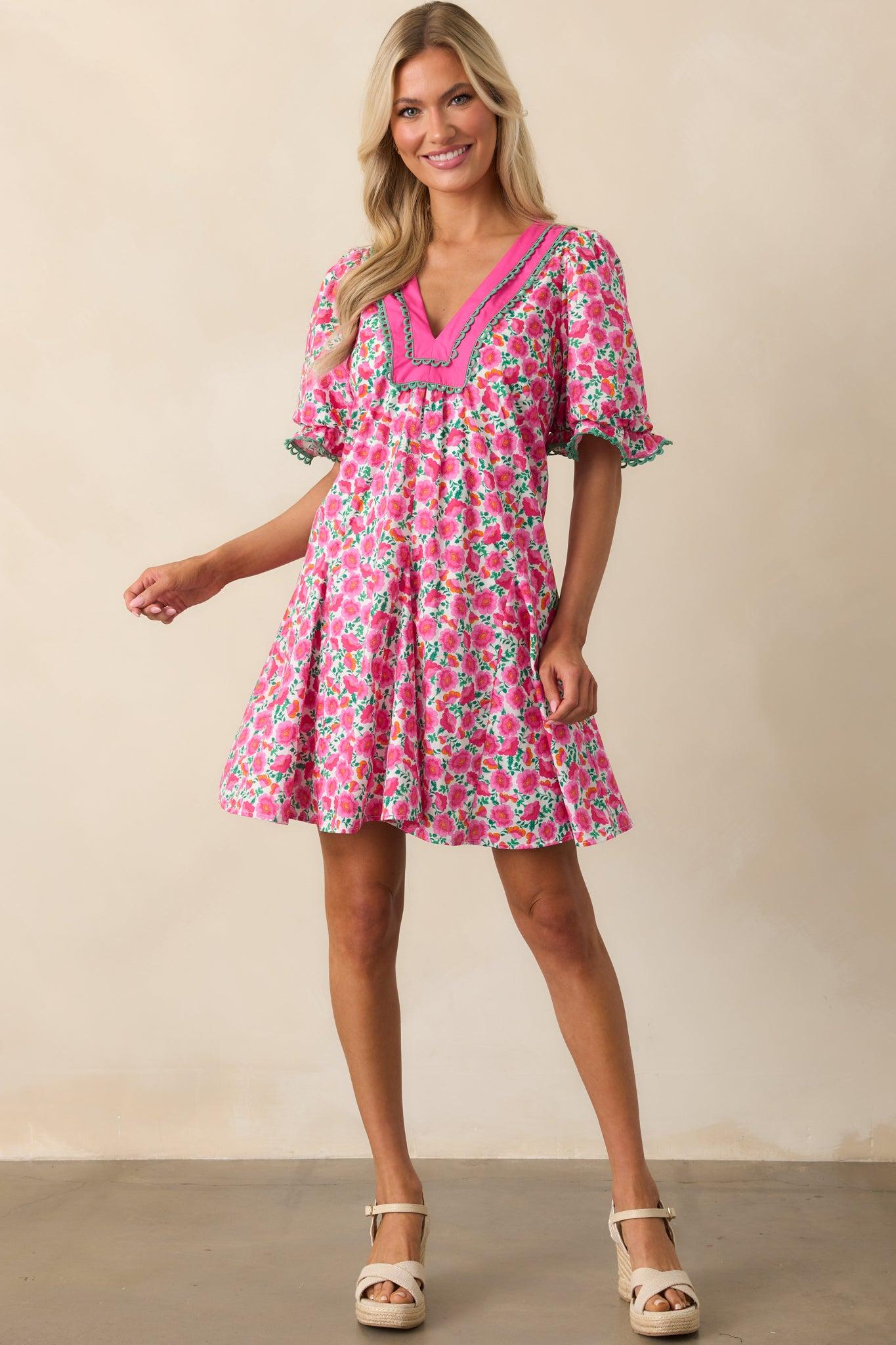 Good Luck Charm Hot Pink Floral Cotton Mini Dress Product Image