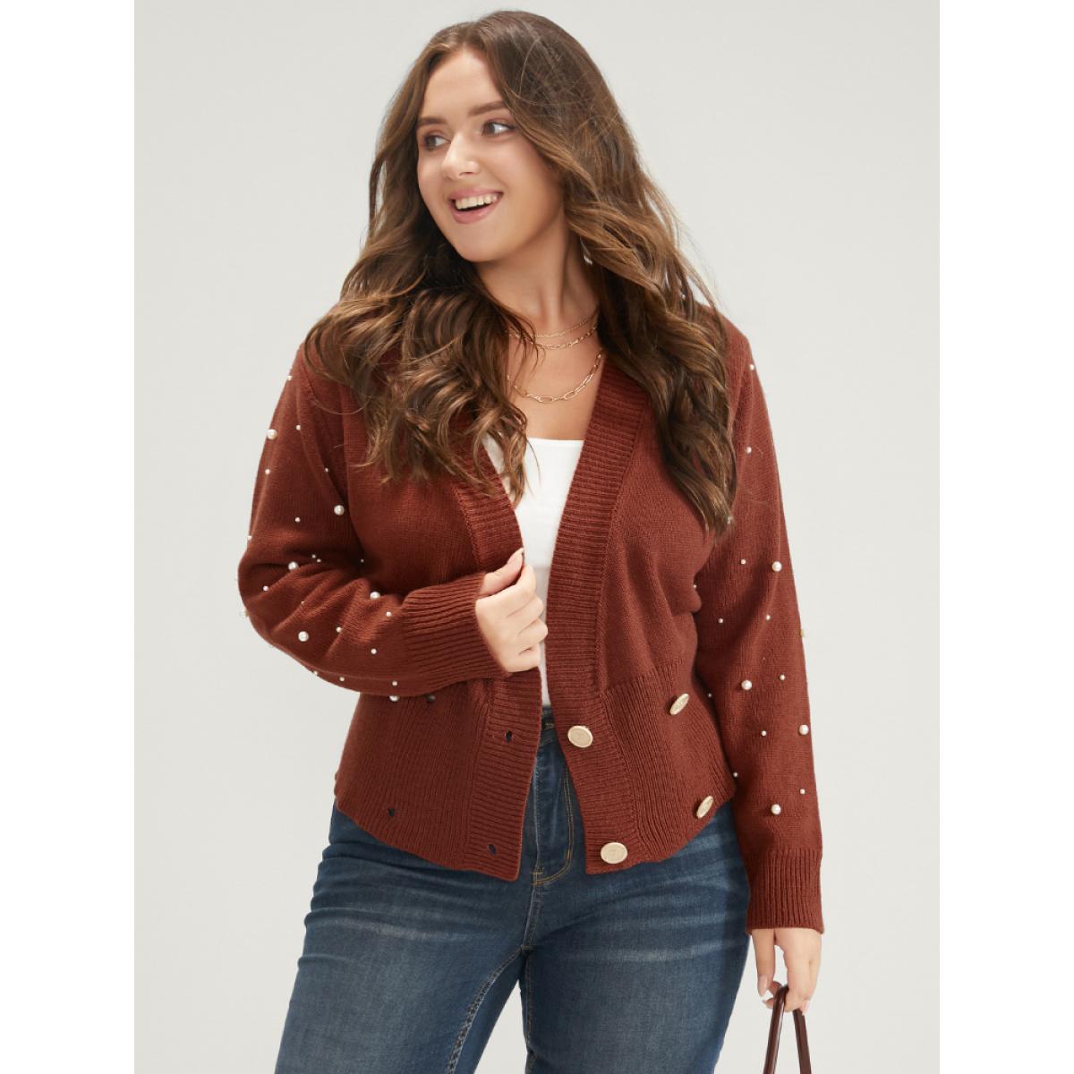 Plus Size Solid Pointelle Knit Pearls Beaded Button Front Knit Top Maroon Women Elegant Long Sleeve Deep V-neck Dailywear Pullovers BloomChic 22-24/3X Product Image