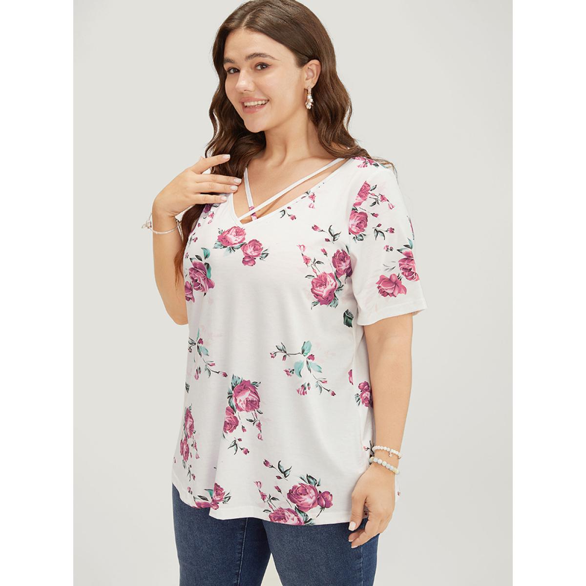 Plus Size Floral Crisscross V Neck T-shirt Multicolor Women Elegant Floral V-neck Everyday T-shirts BloomChic 26/4X Product Image
