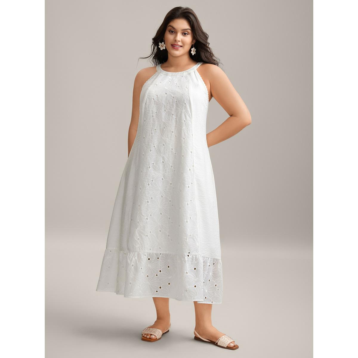 Plus Size Cotton Lace Detail Tiered Hem Tiered Maxi Dress Originalwhite Women Resort Round Neck Sleeveless Curvy BloomChic 26/4X Product Image