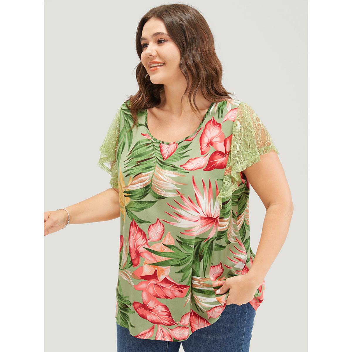 Plus Size Emerald Plant Print Mesh Ruffle Sleeve Blouse Women Elegant Short sleeve Round Neck Dailywear Blouses BloomChic 12/L Product Image