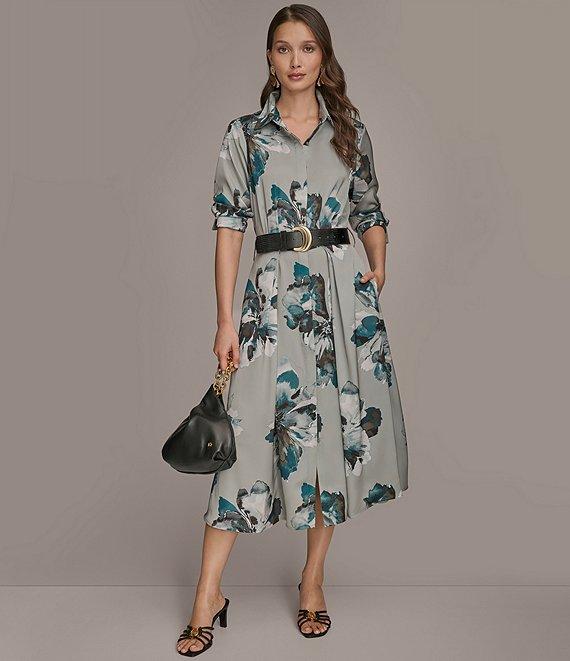 Donna Karan Floral Point Collar Belted Midi Shirtdress Product Image