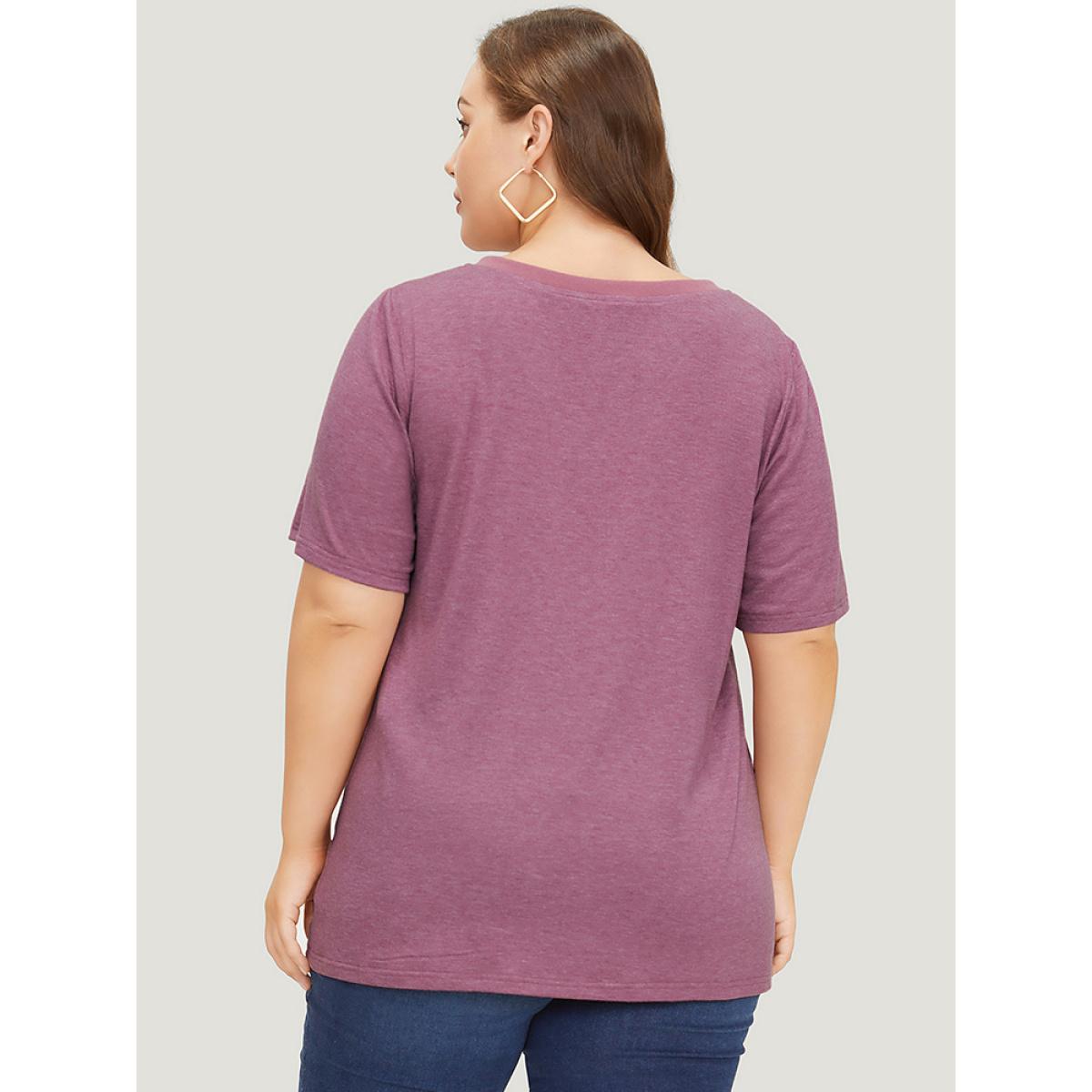 Plus Size Plain Contrast Trim Ripped Detail Vintage T-shirt Mauve Women Casual Heather Plain V-neck Dailywear T-shirts BloomChic 26/4X Product Image