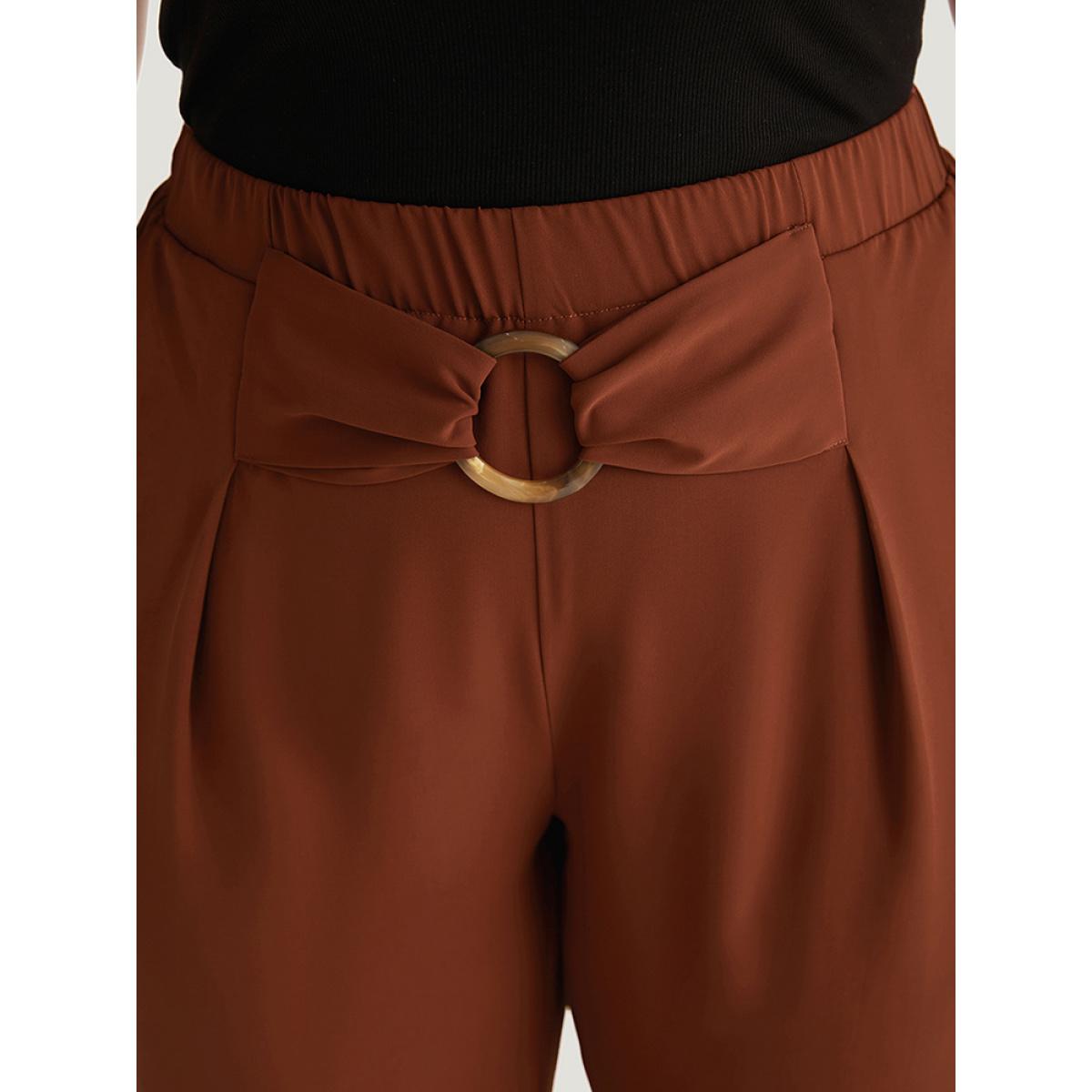 Plus Size Solid Metal Buckle Detail Pleated Pants Women Maroon Work From Home Straight Leg High Rise Work Pants BloomChic 30/6X Product Image