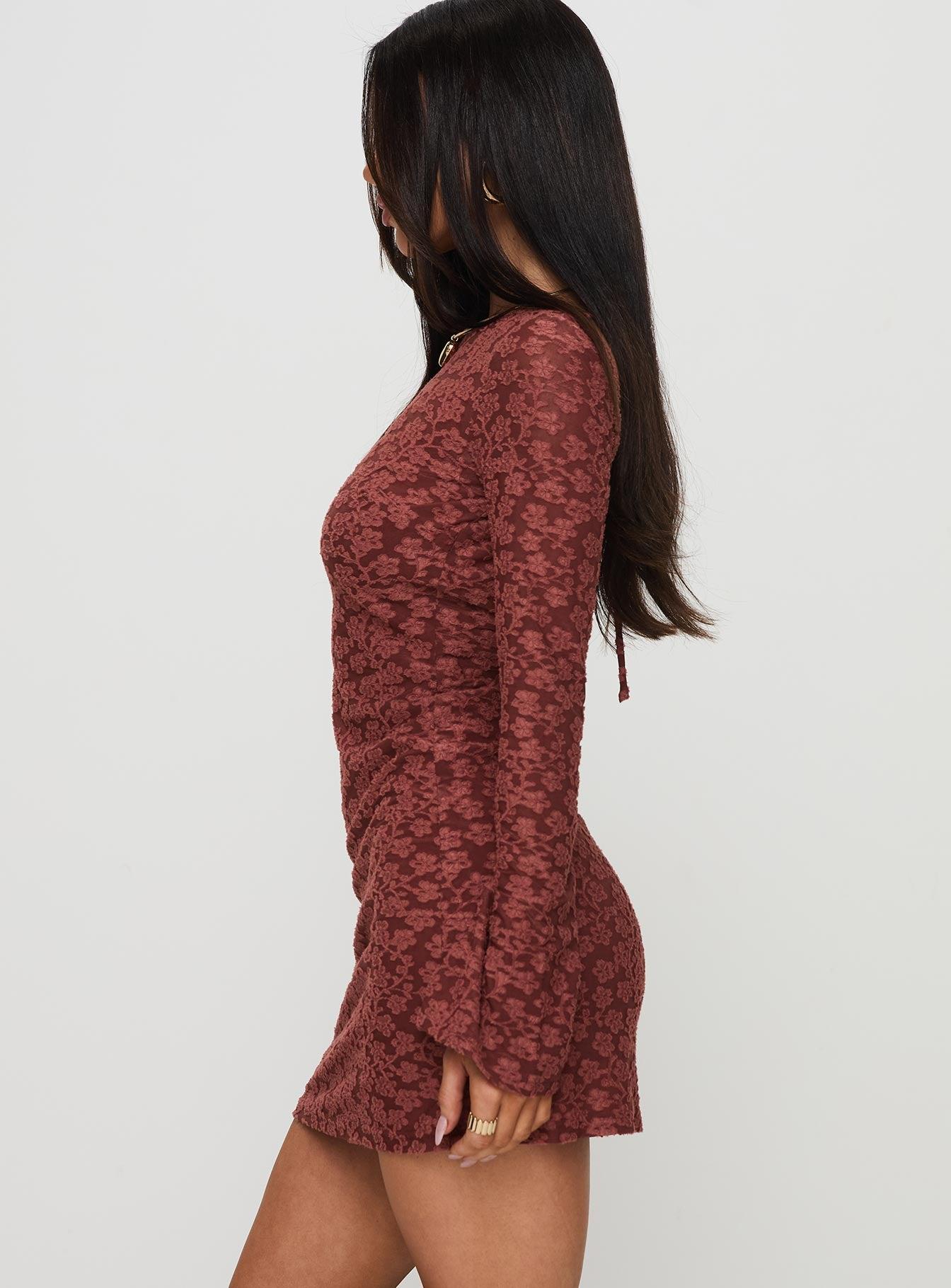 Primrosa Long Sleeve Mini Dress Burgundy Product Image
