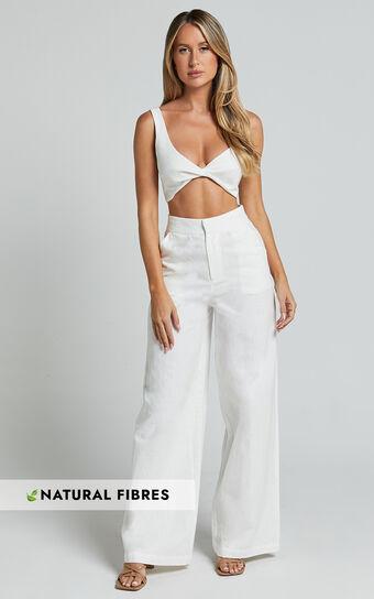 Kingston Two Piece Set - Twist Front Twill and Wide Leg Pants Set in White Product Image