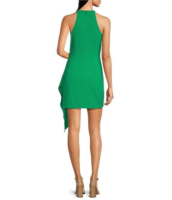 Belle by Badgley Mischka Daphne Stretch Crepe Halter Neck Sleeveless Asymmetrical Hem Side Drape Dress Product Image