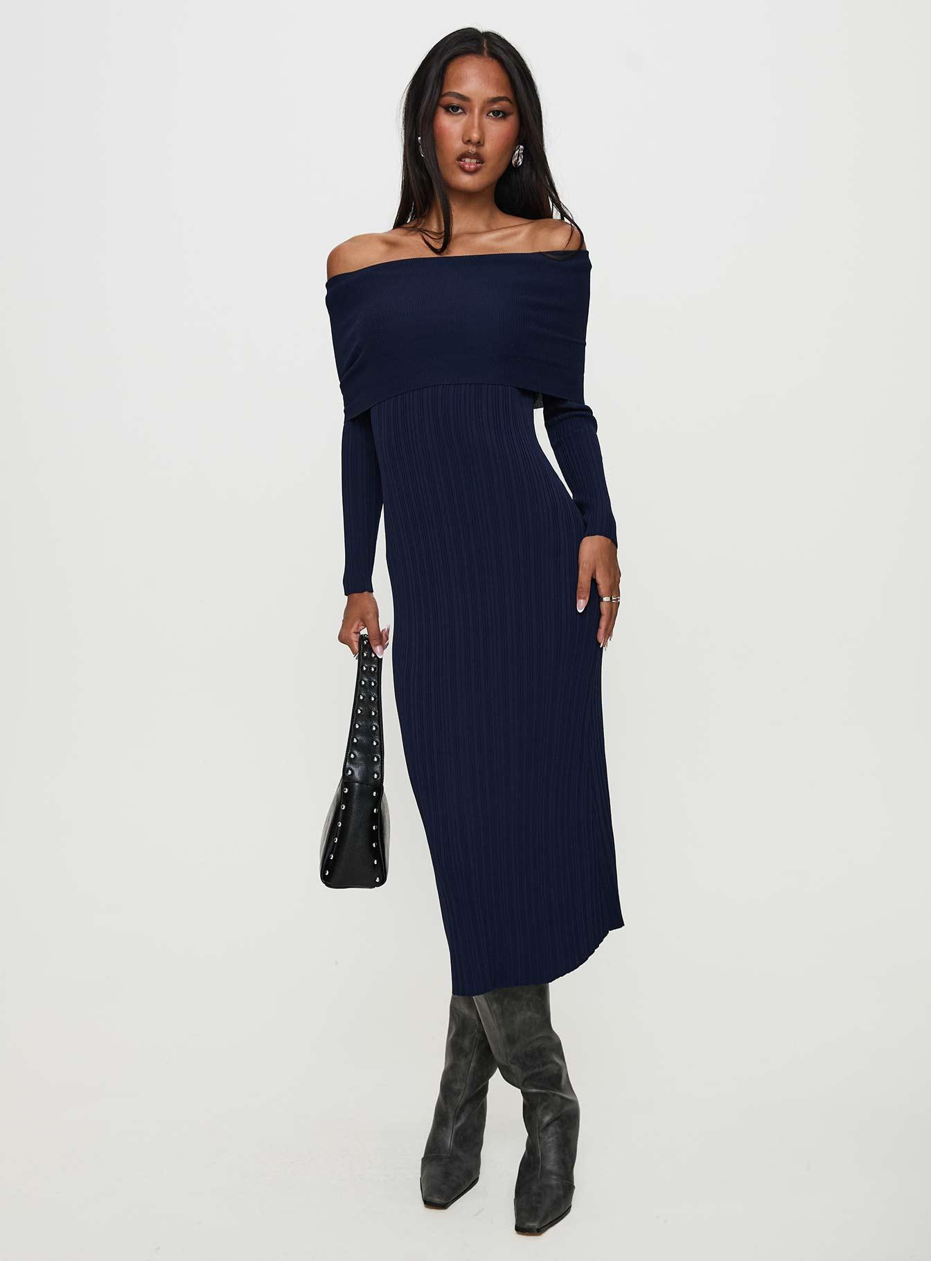 Flisse Long Sleeve Rib Maxi Dress Navy Product Image