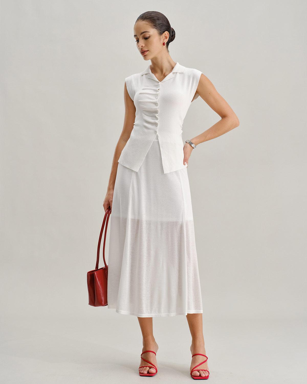 White Ruched Single Breasted Cardigan Product Image