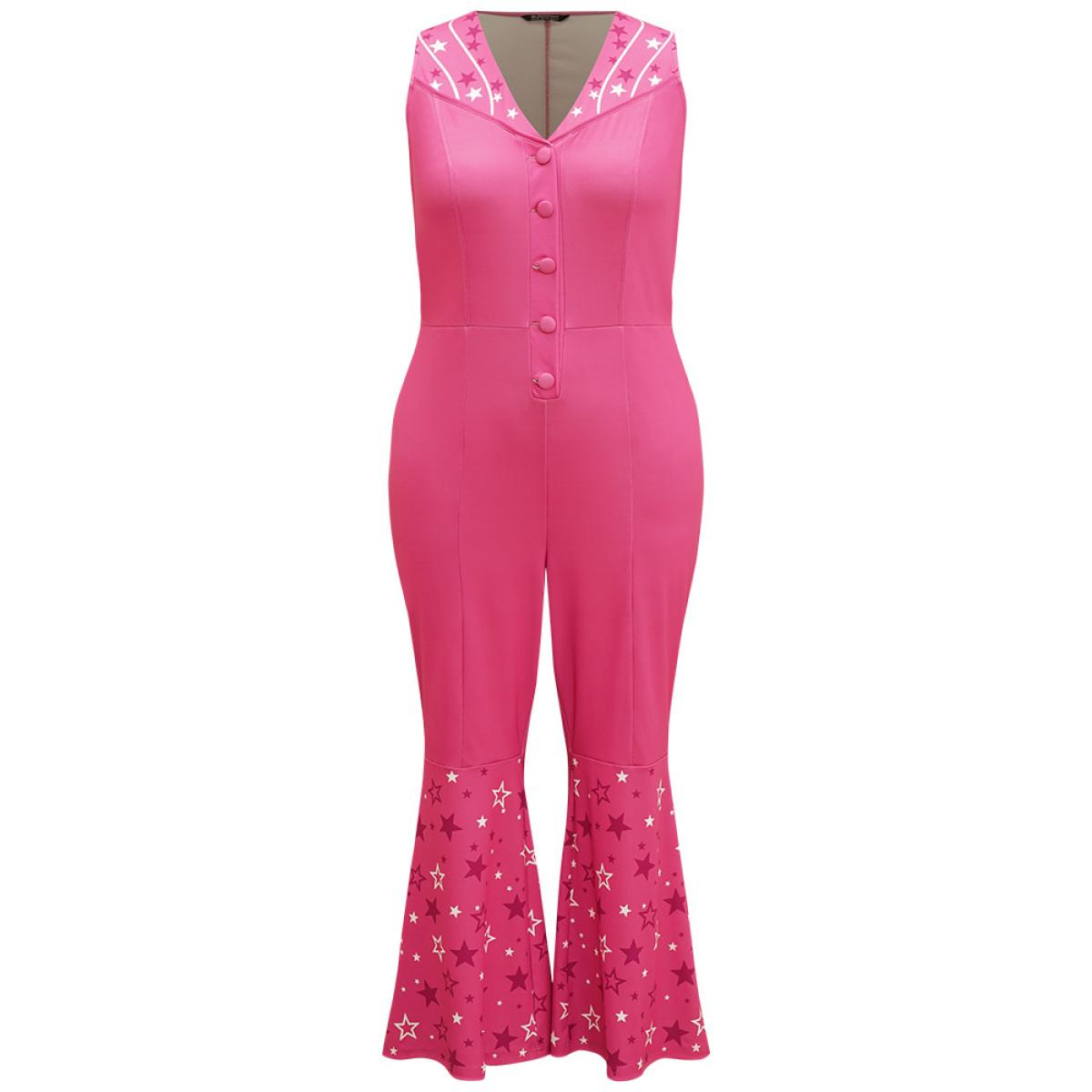 Plus Size Pink Halloween Star Button Up Bootcut Sleeveless Jumpsuit Women Elegant Sleeveless V-neck Festival-Halloween Loose Jumpsuits BloomChic 14-16/1X Product Image