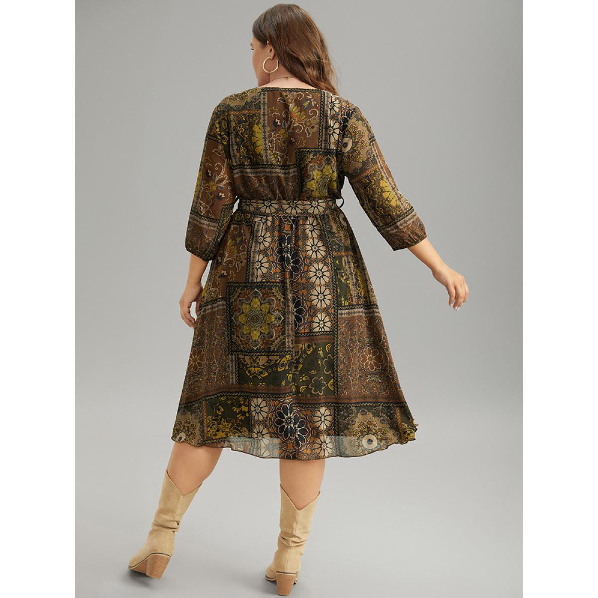 Plus Size Boho Print Wrap Elastic Waist Belted Dress LightBrown Women Vacation Elastic cuffs V-neck Elbow-length sleeve Curvy Midi Dress BloomChic 14-16/1X Product Image