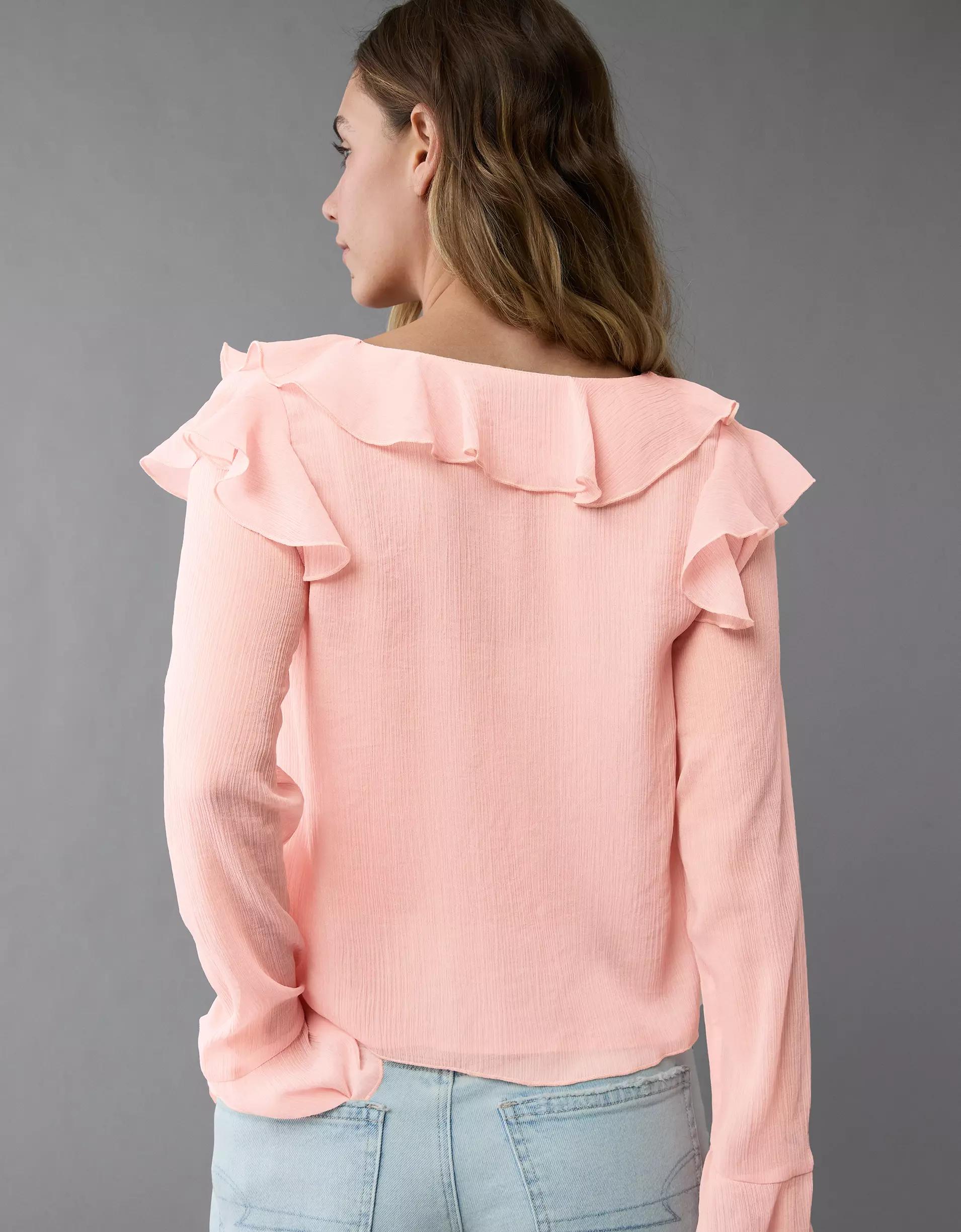 AE Chiffon Bell Sleeve Ruffle Blouse Product Image