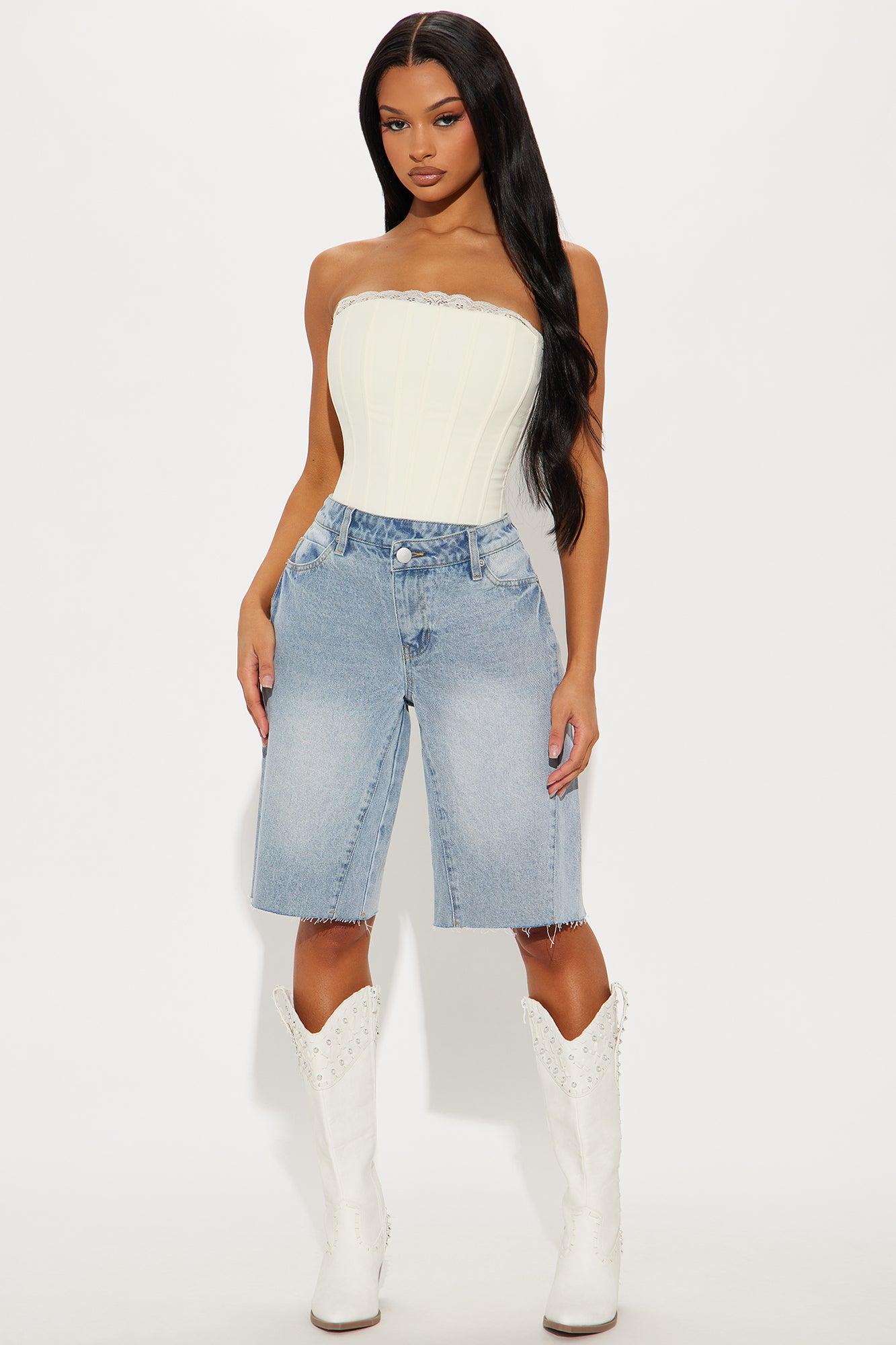 Carryn Non Stretch Crossover Waistband Denim Jorts - Light Wash Product Image