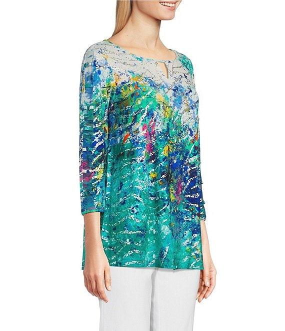 Ali Miles Foiled Burnout Split Round Neck Criss Cross Hardware 3/4 Sleeve Popover Top Product Image