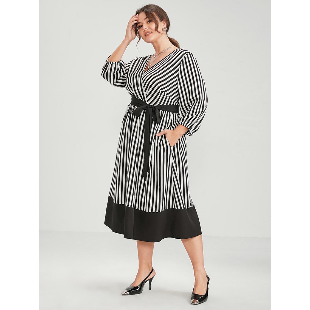 Plus Size Striped Contrast Patchwork Lantern Sleeve Pocket Belted Wrap Dress Black Women Office Belted V-neck Elbow-length sleeve Curvy Midi Dress BloomChic 10/M Product Image