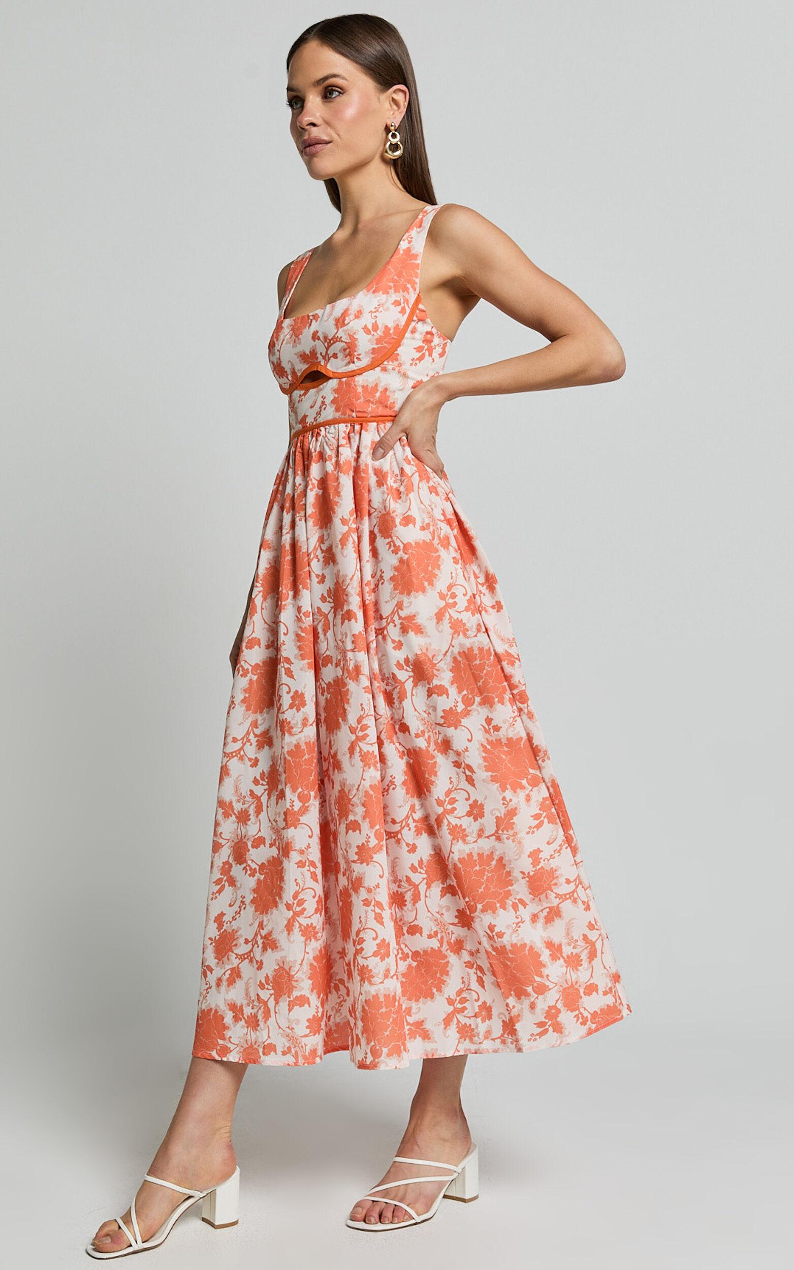 Chira Midi Dress - Front Cut Out Thigh Split Dress in Orange Floral Product Image