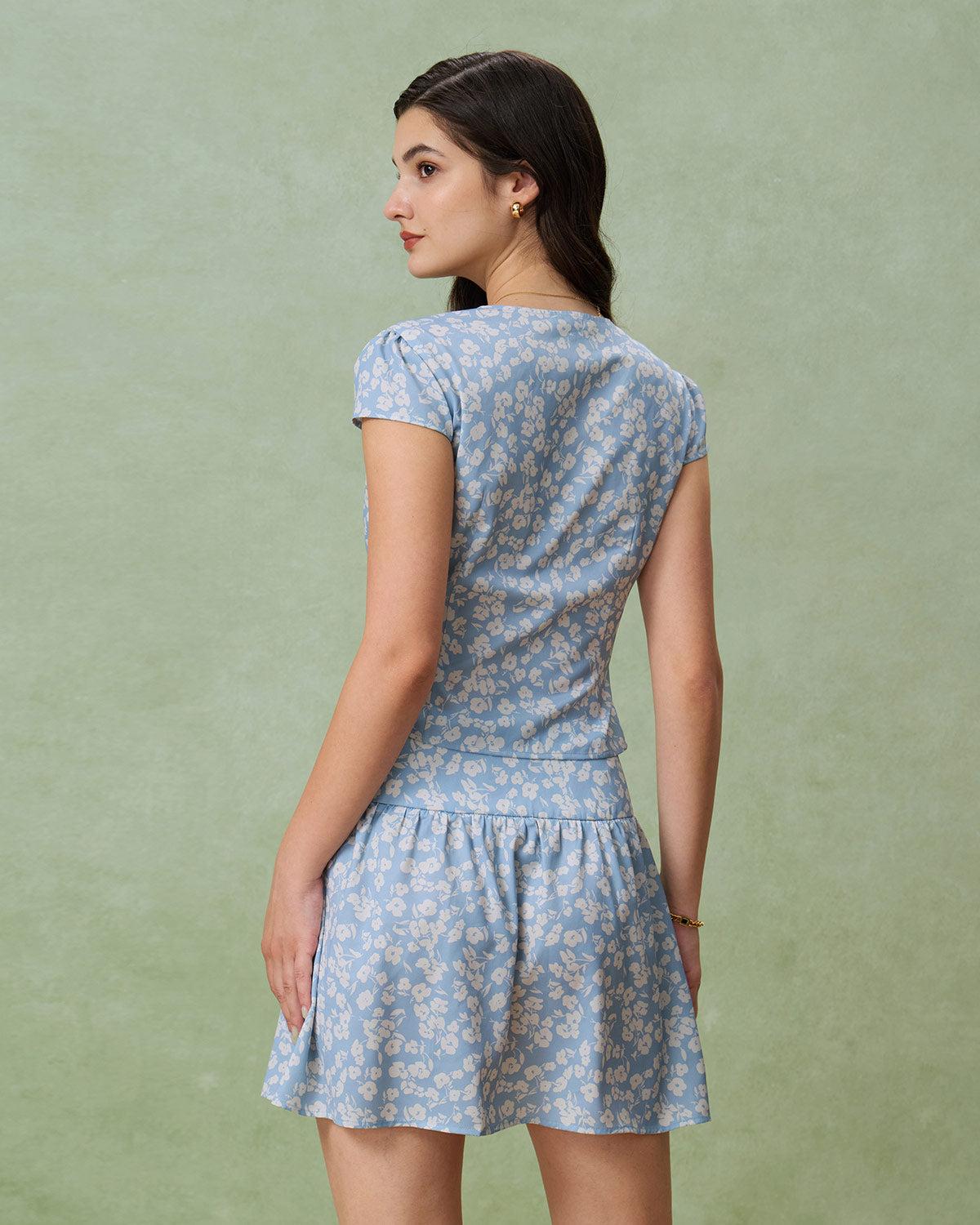 Blue Floral A-Line Mini Skirt Product Image