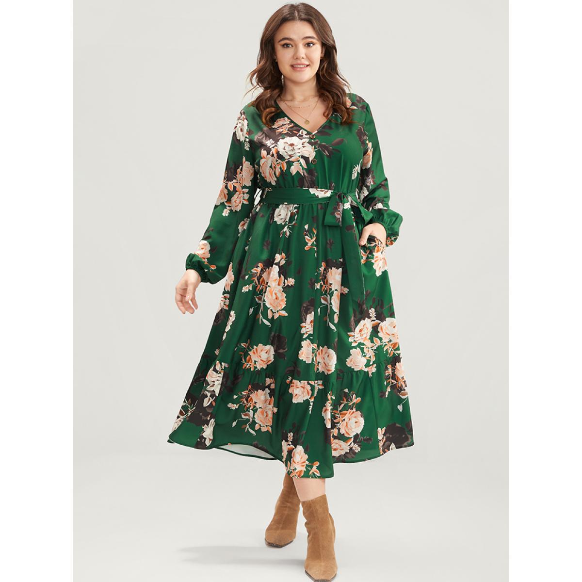 Plus Size Floral Print Lantern Sleeve Button Detail Pocket Belted Dress Moss Women Elegant Elastic Waist V-neck Long Sleeve Curvy Midi Dress BloomChic 12/L Product Image